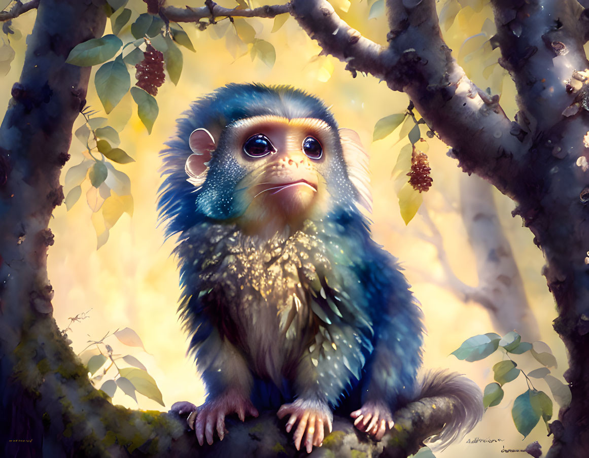 Sparkling Blue Monkey Artwork Perched on Branch amid Leaves and Berries