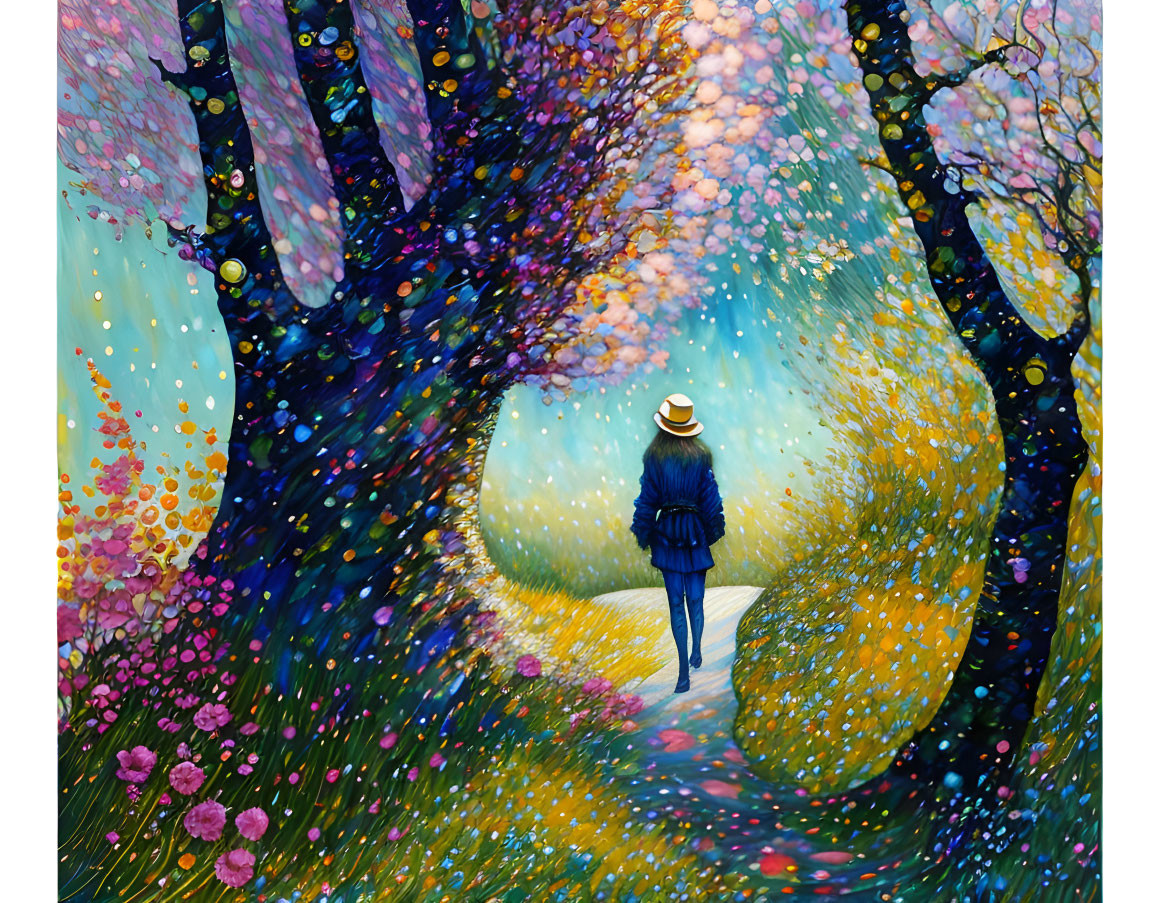 Person in hat and coat strolling a whimsical, vibrant path with blooming trees and glowing orbs