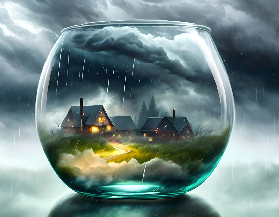 Stormy Scene with House and Pathway in Fishbowl Symbolizing Isolation