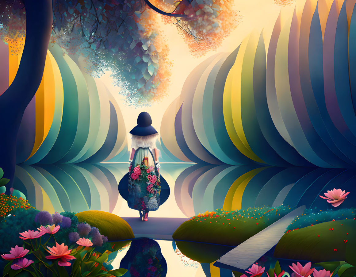 Person in hat walking towards surreal landscape with stylized foliage and colorful flowers.