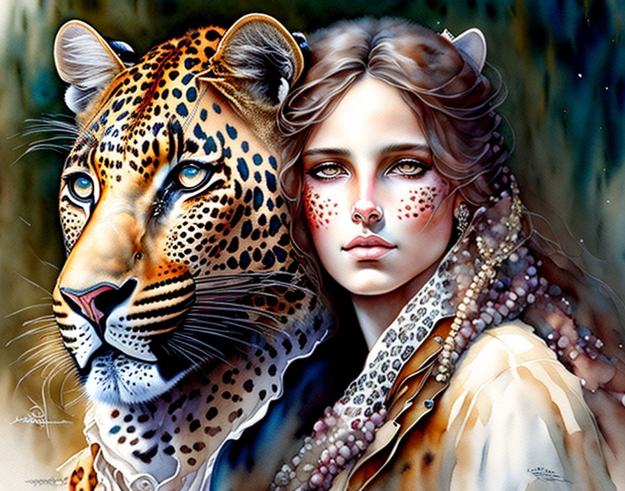 Hybrid image of woman with leopard markings merged with real leopard