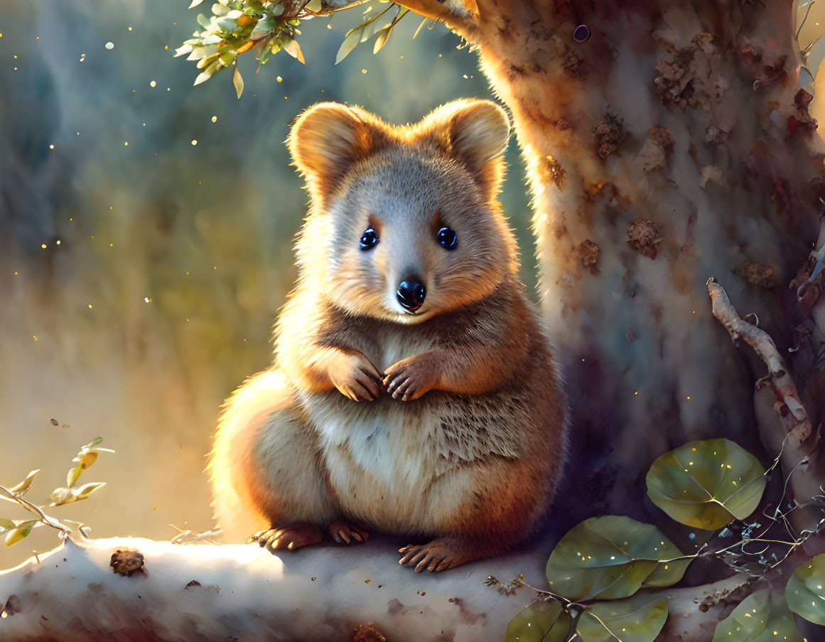 Adorable Quokka Sitting Under Tree in Sunlit Forest