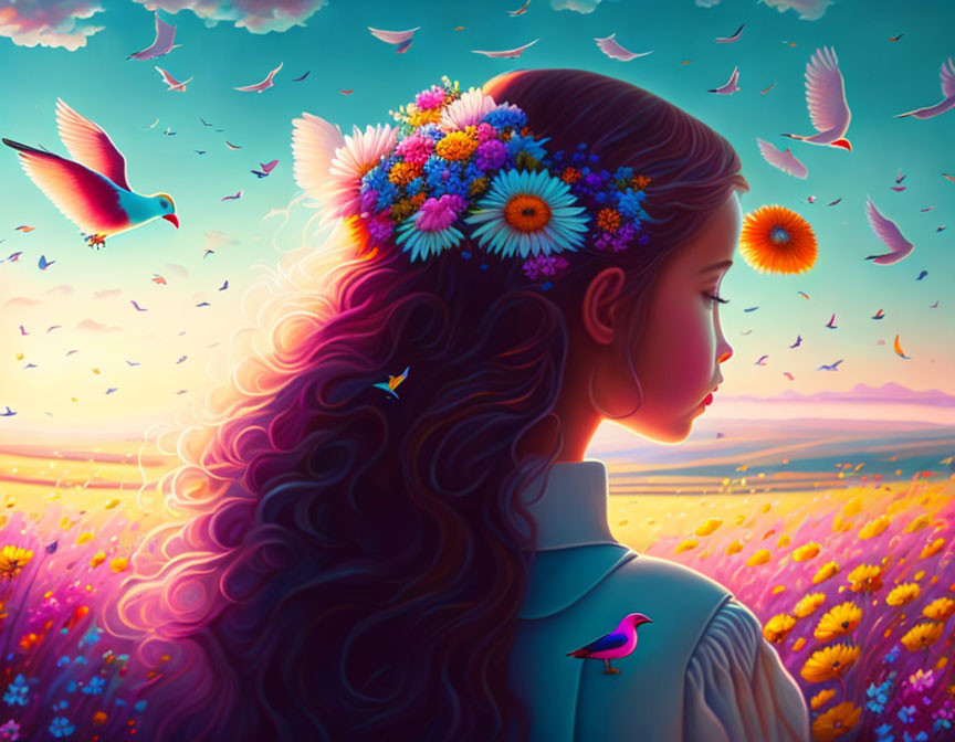 Woman with Floral Wreath Gazing at Birds in Vibrant Sunset Field