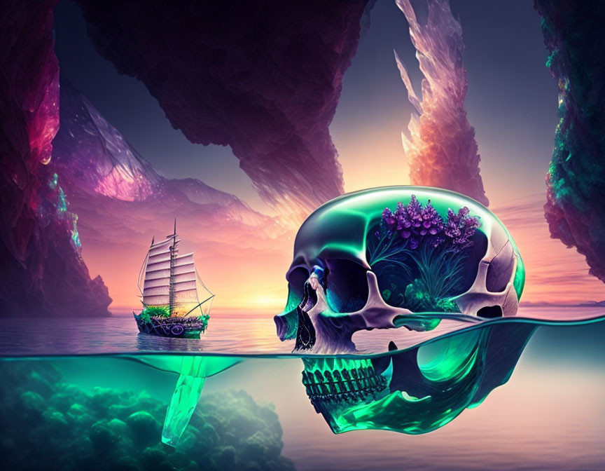 Transparent skull with vibrant flowers floating above mirror sea