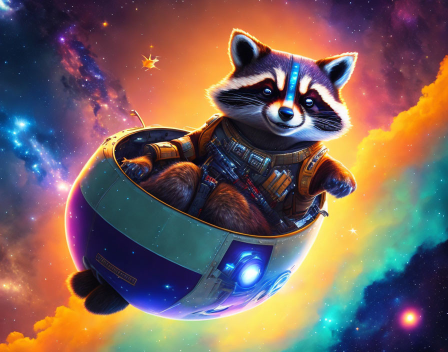 Raccoon in spacesuit pilots spaceship in cosmic scene