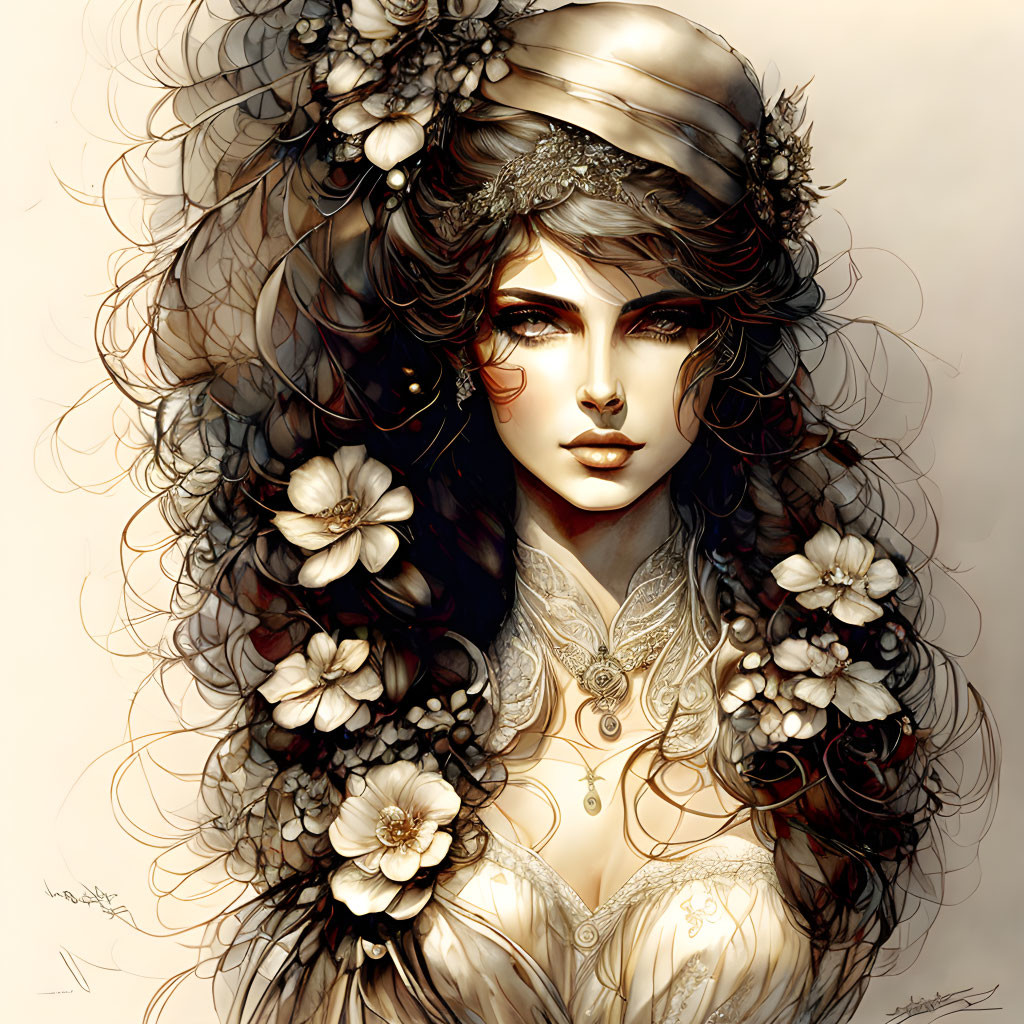 Detailed illustration of woman with voluminous curly hair and floral jewelry in sepia tone.