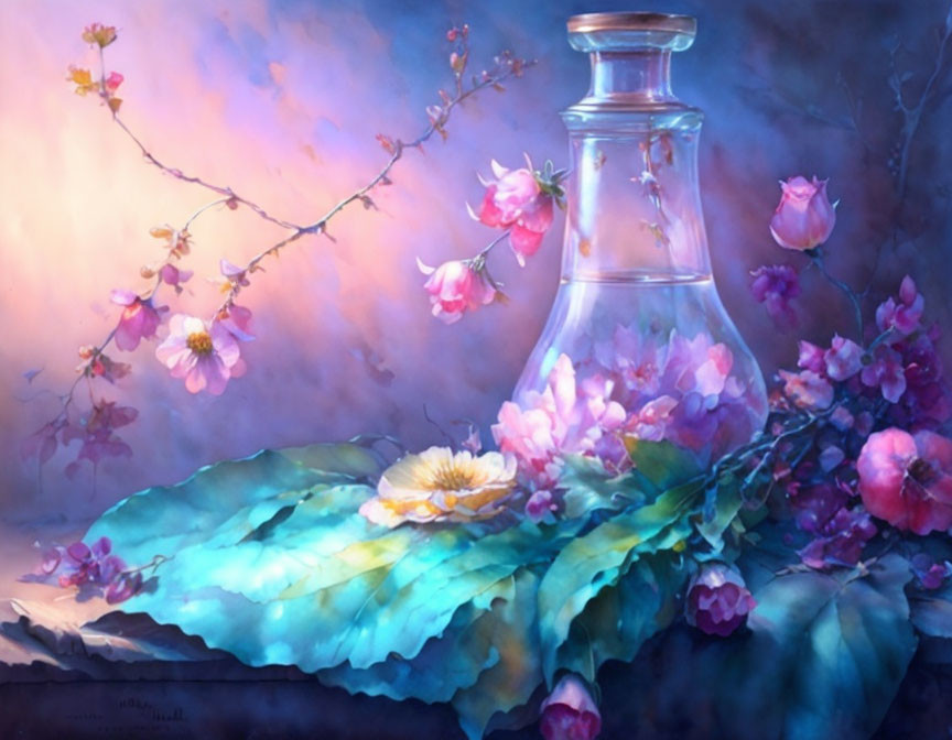 Colorful painting of transparent vase with pink flowers on moody backdrop