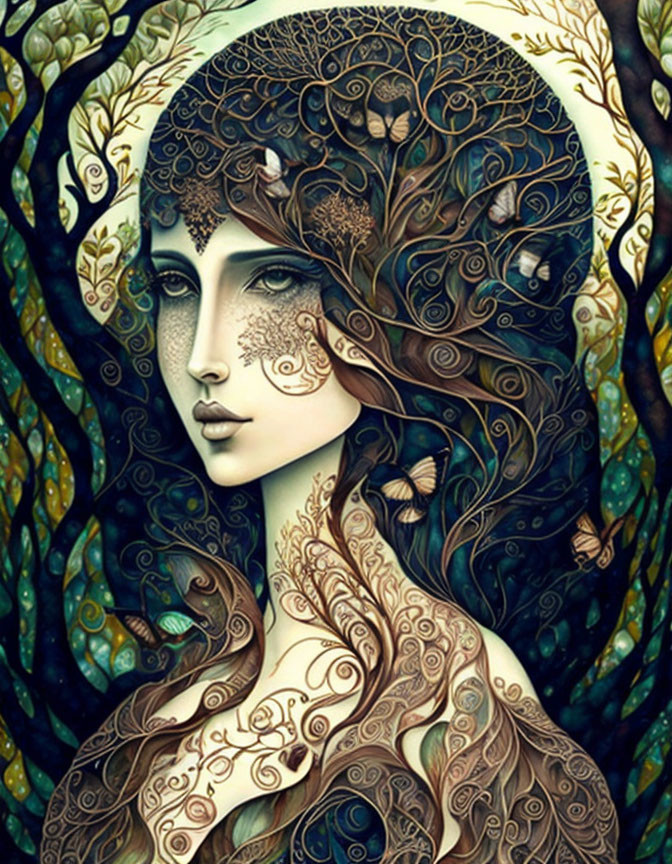 Illustration of woman with tree and leaf patterns in hair against nature backdrop