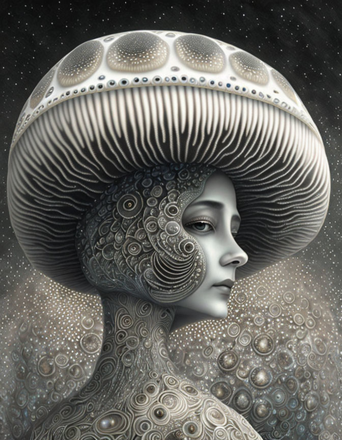 Surreal portrait of person with mushroom cap in starry setting