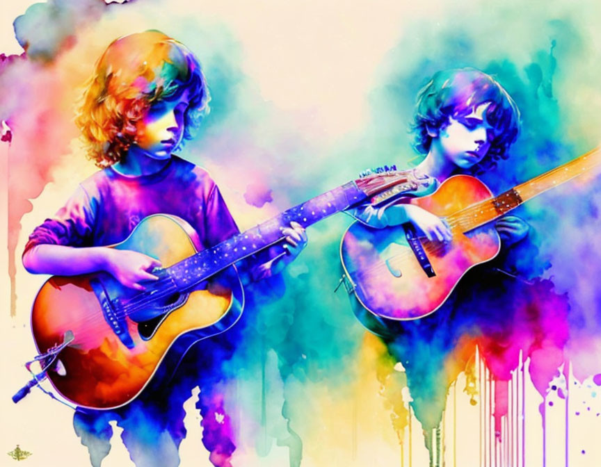 Vibrant watercolor painting of two children with guitars