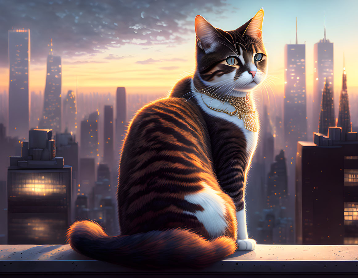 Majestic cat with golden collar on building overlooking sunrise cityscape