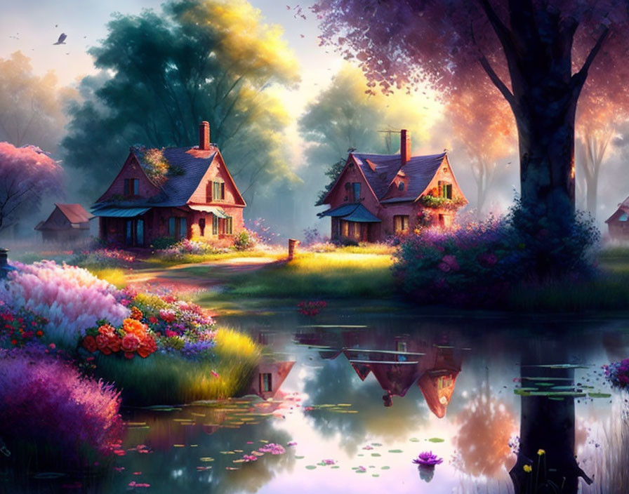 Tranquil scene of quaint cottages, lush greenery, vibrant flowers, serene pond, soft