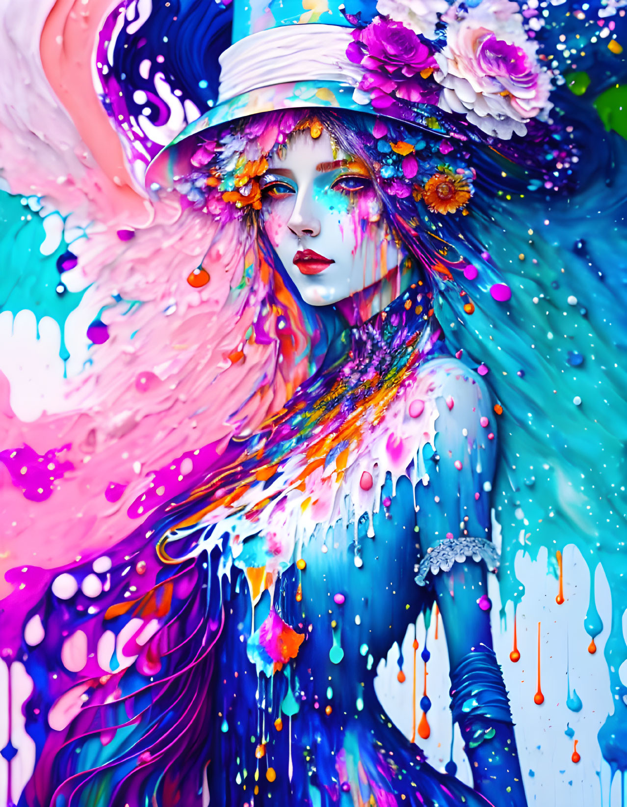 Colorful illustration of woman with floral hat and flowing hair in dynamic paint splash