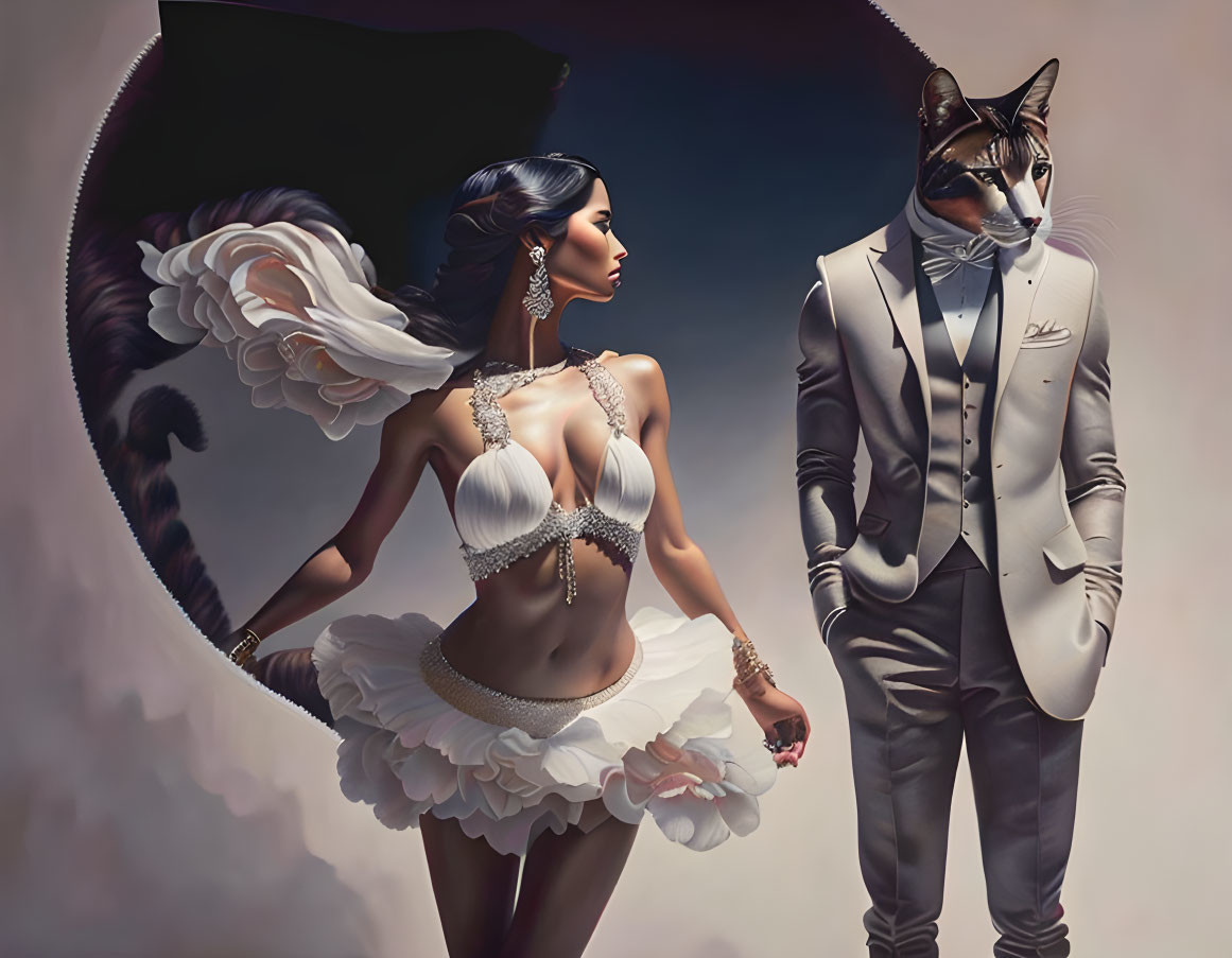 Angel-winged woman and cat-headed man in suit standing together in surreal setting