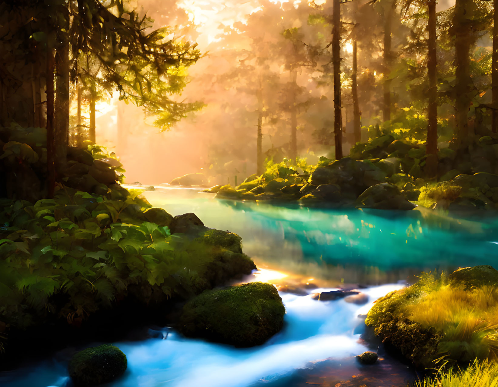 Tranquil forest landscape with sunbeams, mist, stream, and lush greenery