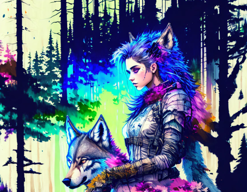 Anthropomorphic wolf character in stylized forest with realistic wolf head.