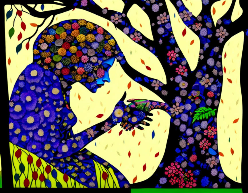 Colorful Stylized Image: Figure with Bird & Vibrant Flora