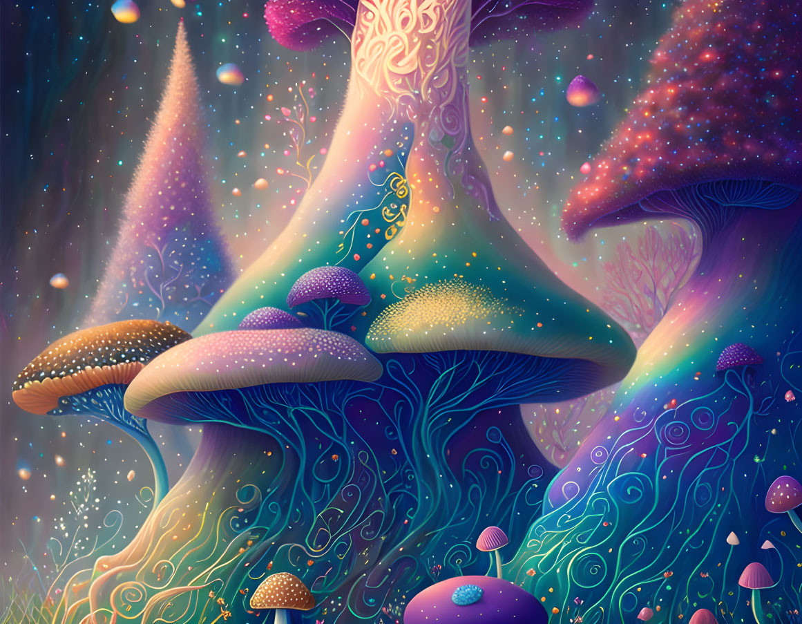 Vibrant whimsical mushroom forest illustration