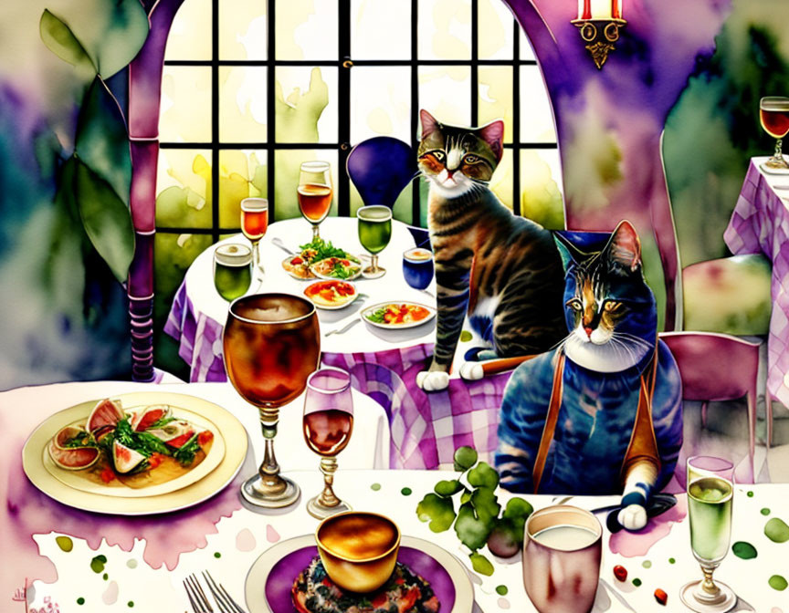 Two cats at elegant dining table with food and drink near large window.