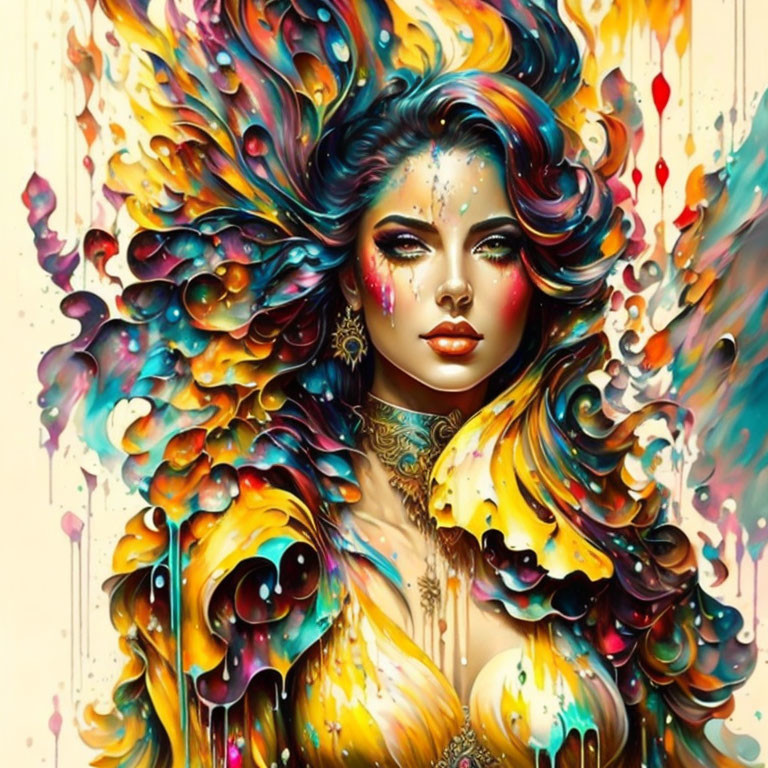 Colorful Digital Artwork: Woman with Flowing Hair and Tattoos