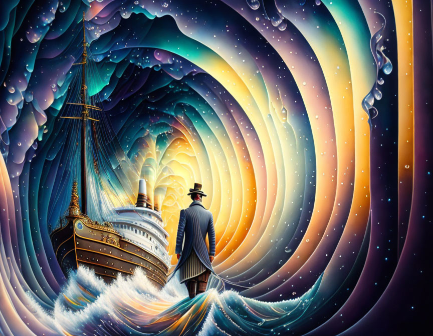 Man in top hat gazes at vibrant waves and surreal sky with fantastical ship.