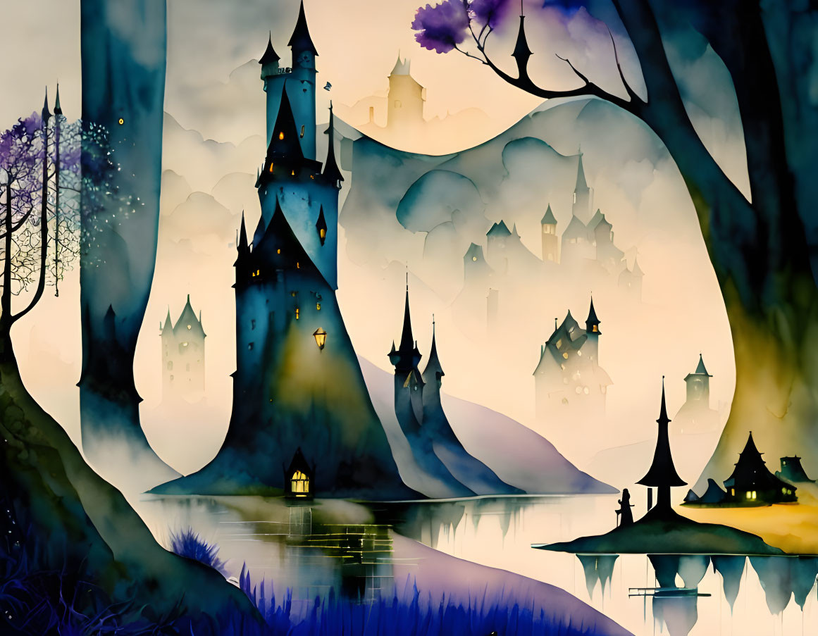 Silhouetted castles in fantasy landscape at twilight