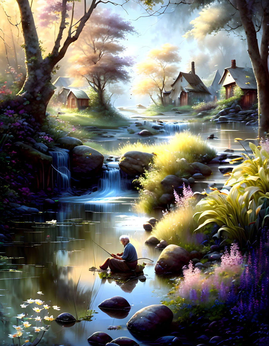 Tranquil landscape with person fishing by stream amid lush flora and waterfalls