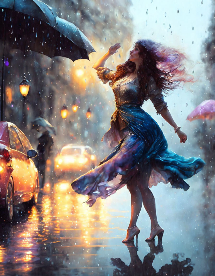 Woman dancing joyfully in rain with umbrella at night, city lights in background