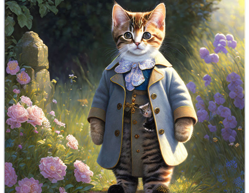 Anthropomorphized kitten in coat and bow tie among flowers in whimsical garden.