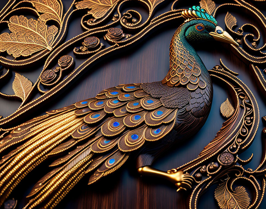 Golden Peacock Sculpture with Blue Accents on Dark Wood Background