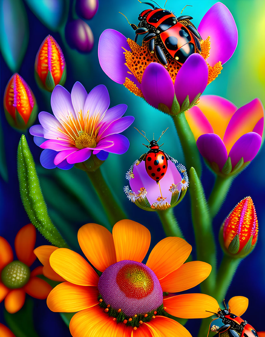 Colorful Ladybug Artwork on Blooming Flowers with Blue Background