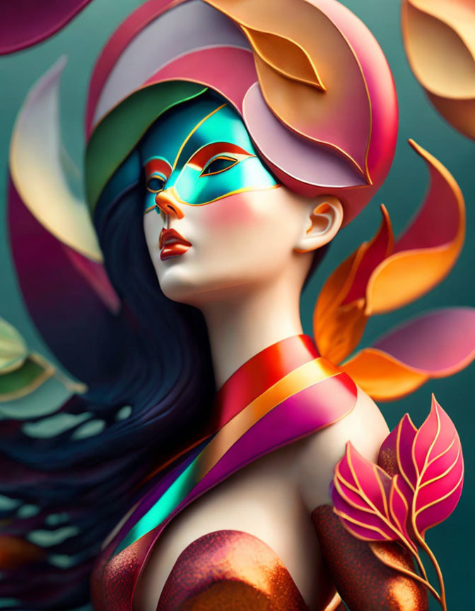 Colorful digital artwork: Woman with flowing hair and stylized leaves on teal background