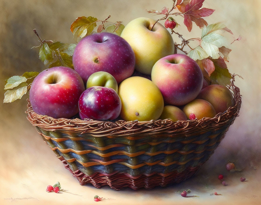 Realistic painting of wicker basket with colorful apples and leaves