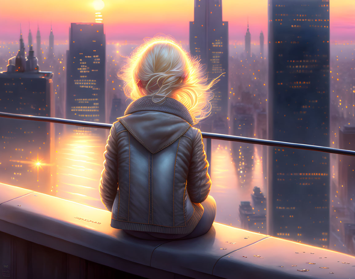 Blonde person admiring cityscape at sunset