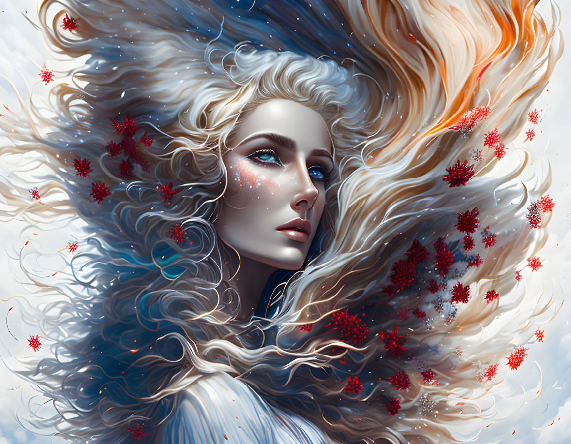 Ethereal painting: Woman with white and orange hair, red snowflake patterns