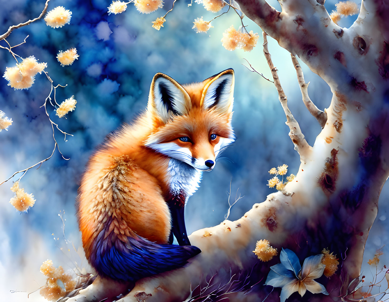 Red Fox Sitting Under Tree with White Blossoms on Blue Background