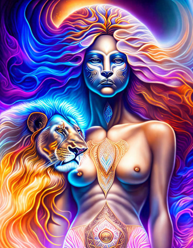 Colorful Psychedelic Illustration of Humanoid with Lion's Head