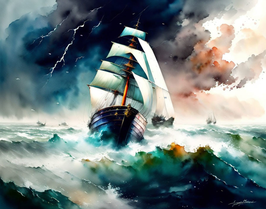 Stormy Seas: Sailing Ship in Turbulent Waters with Lightning