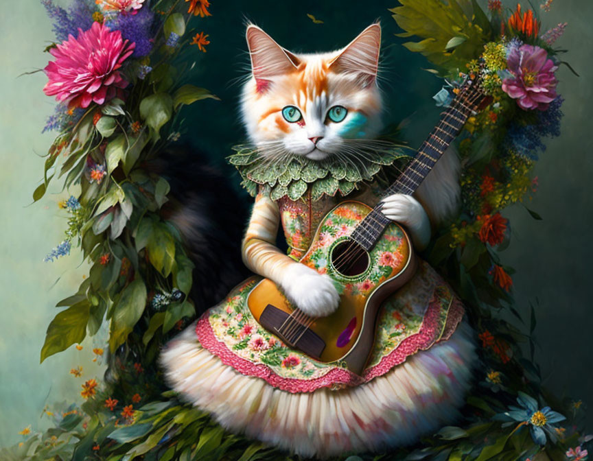 Anthropomorphic cat in elegant attire with blue eyes and guitar among flowers