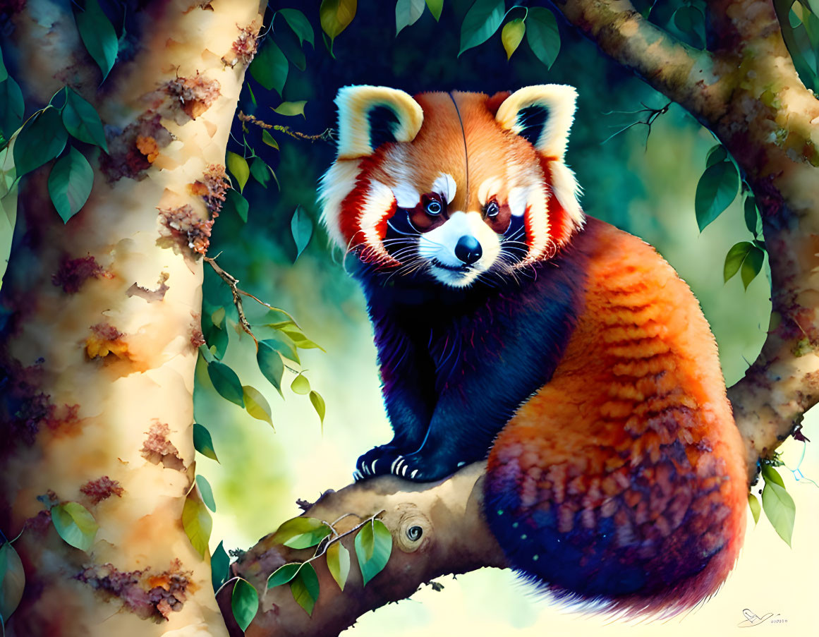 Red panda illustration on tree branch with green leaves in forest.