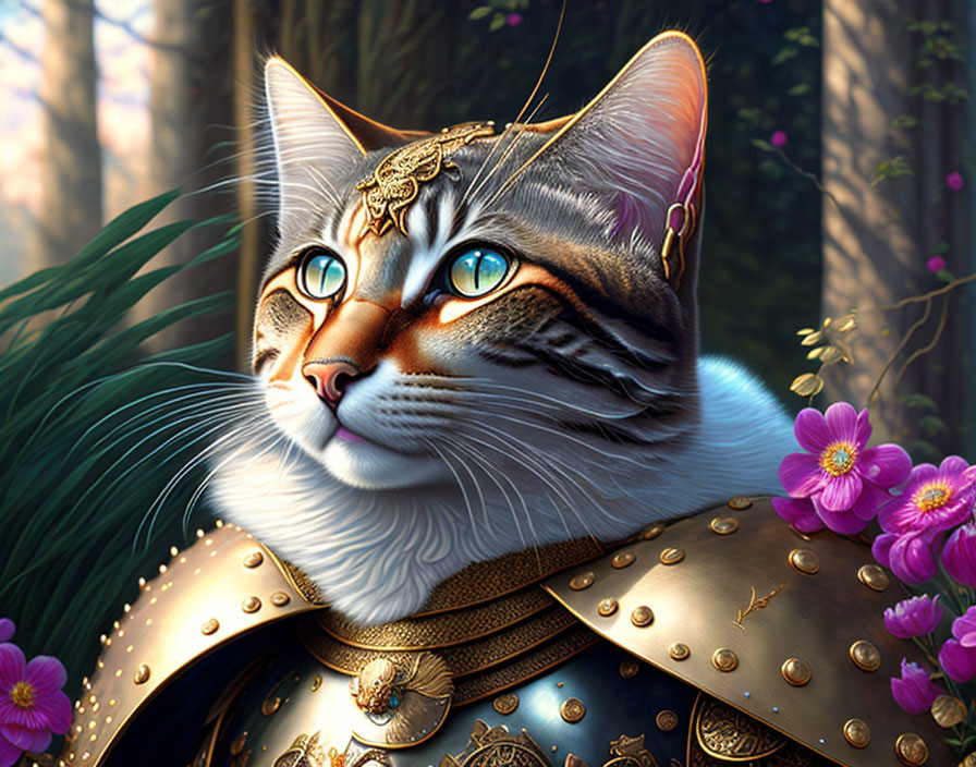 Regal cat in golden armor amid lush forest with purple flowers