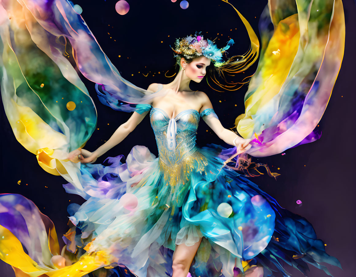 Ethereal woman in multicolored dress with bubbles and floral crown