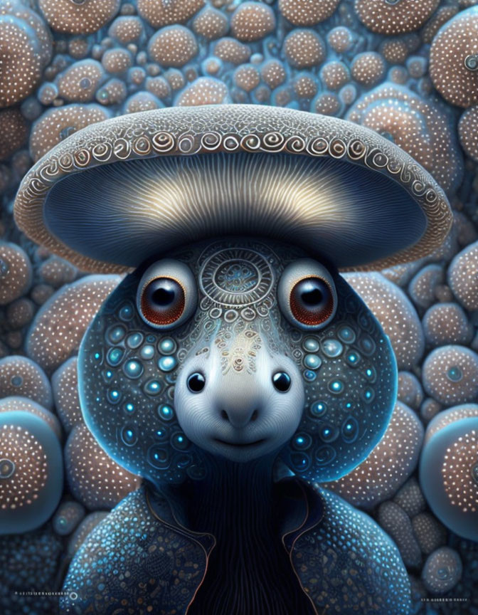 Colorful digital illustration of creature with mushroom cap head and fur-covered body against circular blue patterns