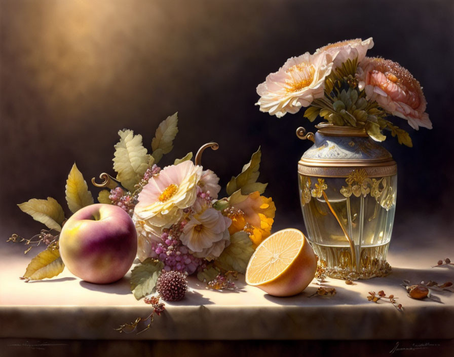 Detailed still life painting with peach, orange slices, vase, flowers, and leaves.