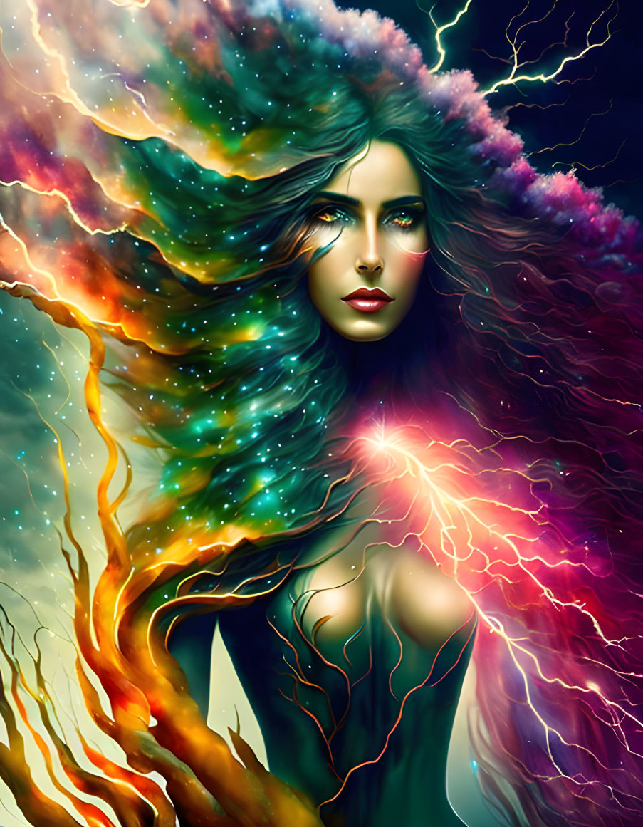 Digital artwork: Woman with cosmic mane and tree-like body