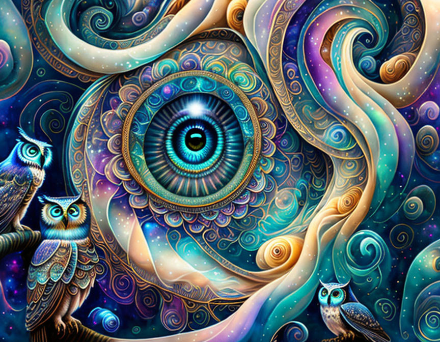 Colorful psychedelic eye art with swirling patterns and owls
