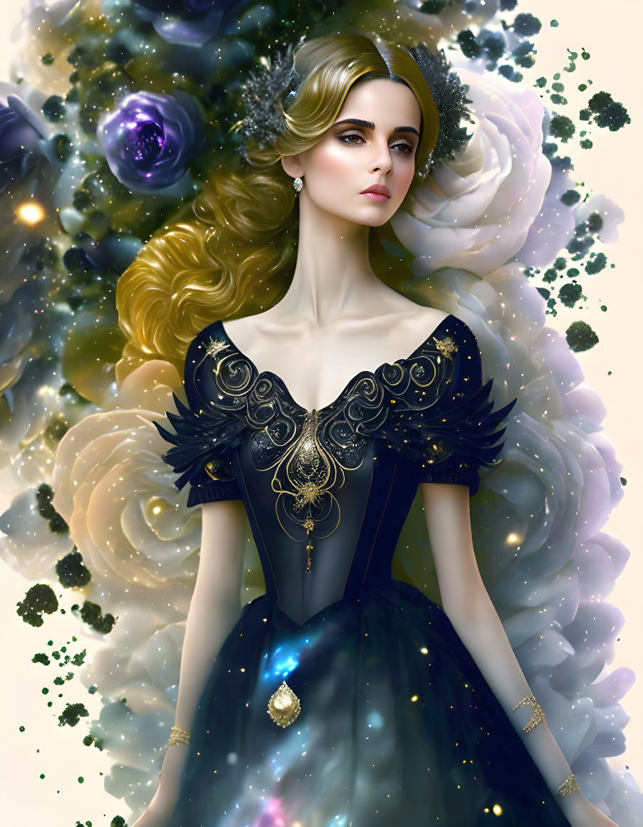 Woman in elegant dark dress with golden details against cosmic background.