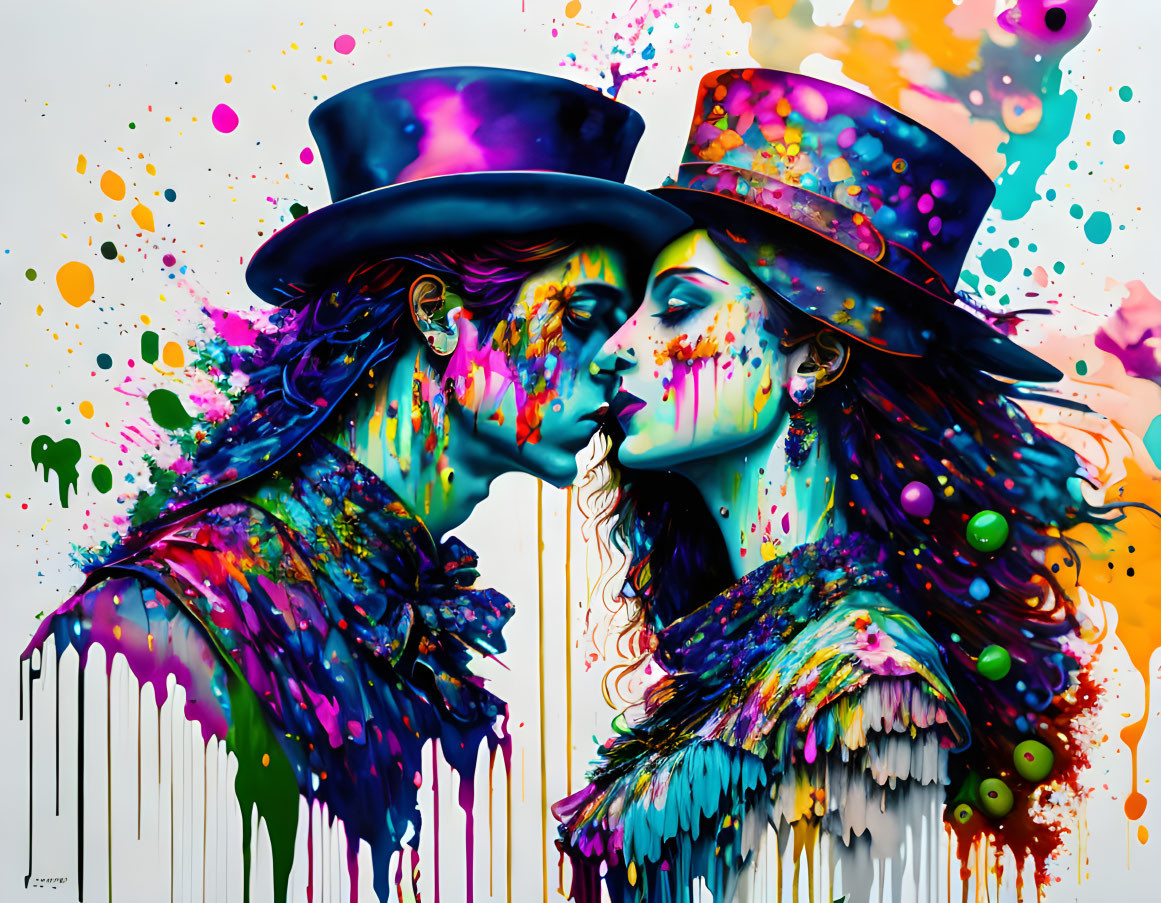 Colorful figures in top hats share intimate moment amid dynamic paint splatters