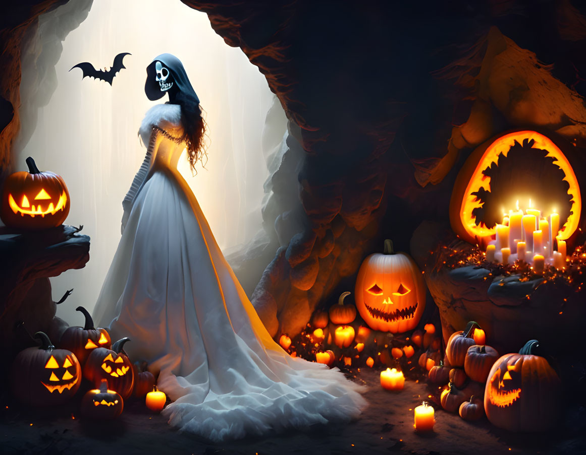 Spooky Halloween scene with skeleton bride, jack-o'-lanterns, candles, and bat