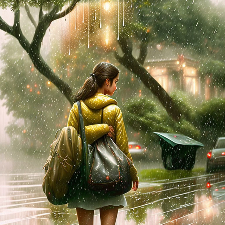 Woman in yellow jacket standing in rain with city lights and glistening trees.